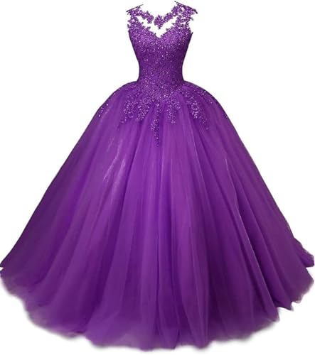 HAIBFJIN Robe de soirée longue en tulle Quinceañera Robes en dentelle Applique Robe de bal Robe de soirée formelle pour adolescents, Pourpre, 54