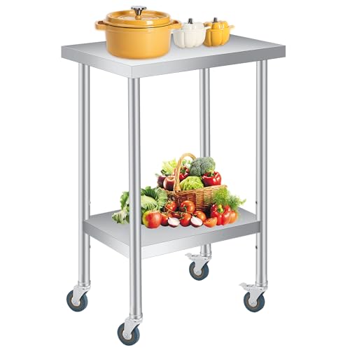 Stainless Steel Table, 14" x 24" Prep Workstation, 1000 LBS, NSF Commercial Work Table with Adjustable Undershelf and Lockable Casters, for Restaurant, Home, Kitchen, Hotel, Outdoor
