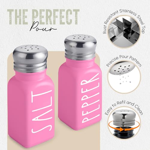 Image of Pink Salt and Pepper Shakers Set by Brighter Barns - Modern Kitchen Decor and Accessories - Cute Glass Shakers - Vintage Decor for Home, Restaurants, Housewarming Gifts & Stainless Steel Lids (Pink)