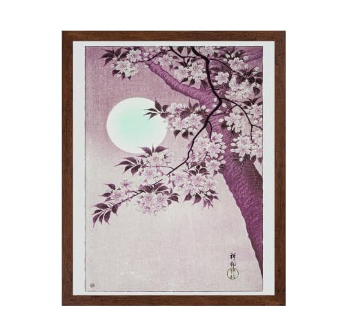 ALPINE INK CO. Cherry Blossom Moon Poster with Frame - Vintage Floral Tree Illustration - Night Garden Scene Wall Decor for Home Office - Nature Inspired Style Artwork - 11x14 Brown Framed Print