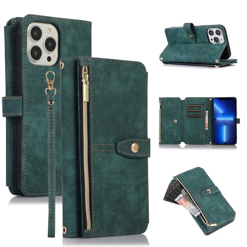 Étui iPhone 15 Pro Max porte-monnaie antichoc en cuir vert