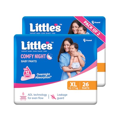 Image of Little's Baby Diapers XL Size (Extra Large) Pants Style | 12-17 kg | 52 Count | Comfy Nights Baby Diaper Pants with Leakage Guard & Upto 12 Hours Absorption (26 Count, Pack of 2)