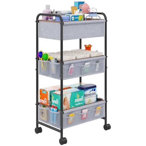 Image of 3-Tier Baby Diaper Caddy Cart Organizer with 2 Dividers & 14 Mesh Pockets - Black Mobile Nursery Storage Cart with Wheels, Durable Metal Utility Cart for Nursery, Bedroom, Baby Essentials Organization