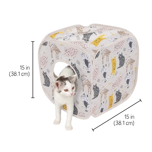 Image of Kitty City Cat Print Pop-Up Play Cube, Collapsible Indoor Hideout with Peekaboo Openings, Lightweight Foldable Cube for Play & Lounging, Pink