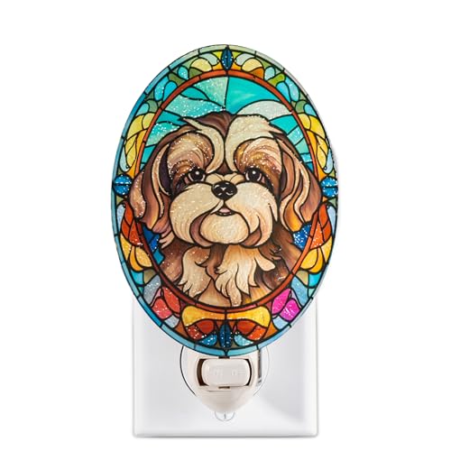 Image of Dog Night Light Shih Tzu, Stained Glass Styled Plug-in Wall Nightlight, Bulb Included, Pet Memorial Dog Lover Gift, Bedroom Hallway Bathroom Decor, Manual On /Off Switch