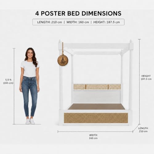 Image of Sheesham Solid Wood Allure Poster Bed for Bedroom | Handmade Wooden Cot | Elegant Four Poster King Size Bed Frame (White, Queen, Allure with Storage(Cane 2))