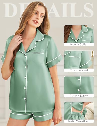 Image of Silk Pajamas for Women Short Sleeve Sleepwear Soft Button Down Loungewear 2 Piece Satin Pjs Shorts Set S-XXL