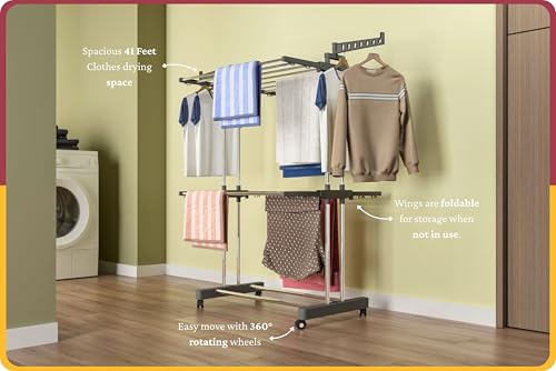Image of Amiraj Premium Stainless Steel Clothes Drying Stand | 2 Tier 2 Pole Foldable Laundry Rack with Wheels & Sock Holder | Heavy Duty Indoor & Outdoor Cloth Dryer for Balcony, Terrace & Home - Gray