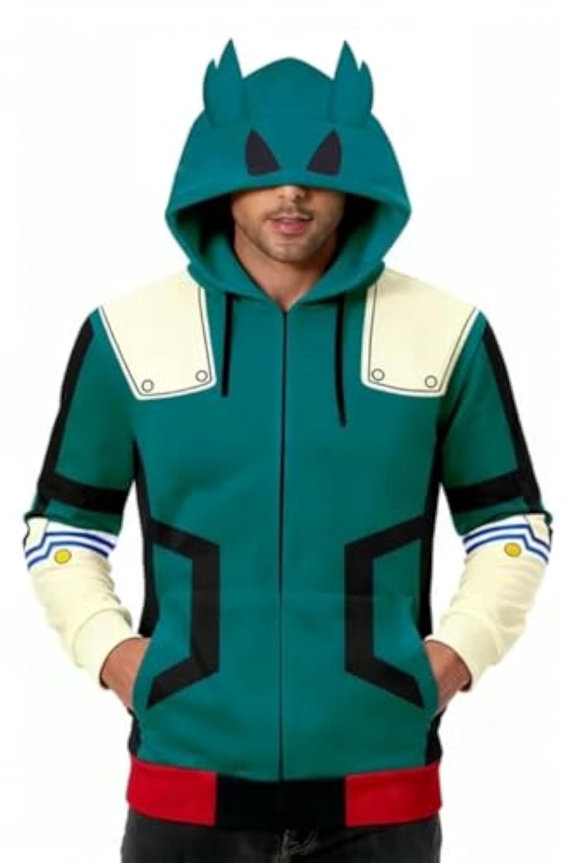 Izuku Midoriya Deku - Chaqueta con capucha y cremallera con orejas de Deku, traje de batalla, disfraz unisex, Verde, Medium