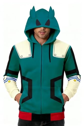 Izuku Midoriya Deku - Chaqueta con Capucha y Cremallera con Orejas de Deku, Traje de Batalla, Disfraz Unisex, Verde, Medium