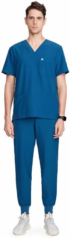 Uniforms World Louis Scrubs Set for Men — Classic V-Neck Stretch Top & Jogger Pants Yoga Waistband, 8 Pockets