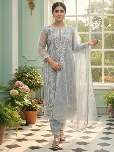 Image of INDO ERA Women's Organza Floral Embroidered Straight Kurta & Pant with Dupatta Set (IEAI10677)