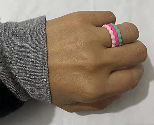 AZYOUNG Womens 3mm Wide Wave Silicone Wedding Ring 10pcs sets Green Blue White Stackable Rubber Bands - US Size 4-103