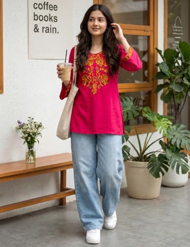 Image of Youthnic Women's Light Green Rayon Yoke Embroidery Straight Short Kurti | Office Wear Kurti | College Wear Kurti | Tunic Top