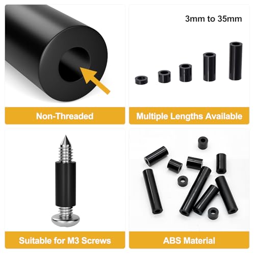 Image of Exqutoo 270Pcs ABS Round Spacers ID 3mm, OD 7mm, Length Ranges from 3mm to 35mm, Non-Threaded Outlet Screw Washers Suitable for M3 Screws Hardware Spacer Bracket, Black