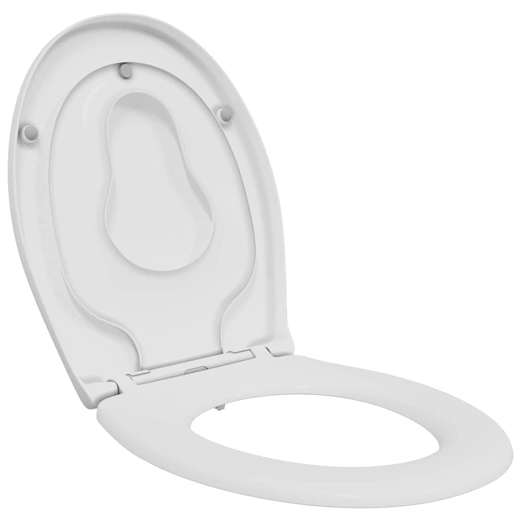 Mangloder - Asiento de inodoro de duroplast blanco de 47 x 37 cm con cierre suave y cierre rápido para cuarto de baño, ovalado con doble tapa para familias, fácil montaje, higiene y sustitución