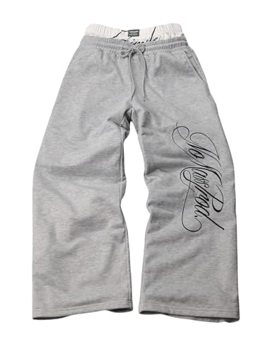 VIPWOLF Mens Double Waist Sweatpants Baggy Y2k Streetwear Elastic Waist Drawstring Hip Hop Vintage Casual Workout Pants Grey Medium