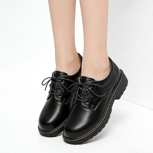 Image of Oxford Shoes for Women Black Womens Oxford Patent Leather Platform Women's Oxfords Comfortable Dressy Non Slip Lace Up Chunky Casual Work Business Dress Office Oxfords Shoes