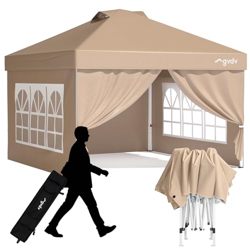 GVDV 10x10 Pop Up Canopy Tent with 4 Sidewalls, Beach Tent with One Push Setup, Outdoor Sun Shade for Events, Parties, Camping - Gazebo with Wheelbag, Khaki, CP23 B