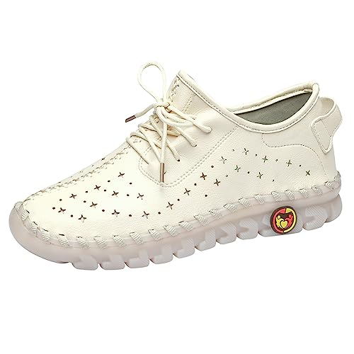 Image of Women'S Hollow Leather Lace Up Flat Loafers,Lightweight Breathable Casual Comfort Non-Slip Walking Shoes Handmade Beef Tendon Soft Sole Mom Nurse Shoes