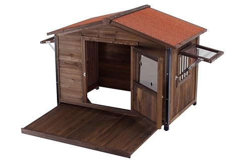 All-Around Iron Frame Outdoor Wooden Dog Kennel with Waterproof Roof & Large Porch – Durable Weatherproof Pet Shelter for Large Dogs