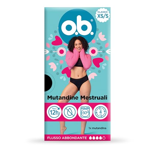 o.b. Mutande Mestruali Classic XS/S, Mutandine assorbenti per flusso medio e abbondante indossabili fino a 12 ore,...
