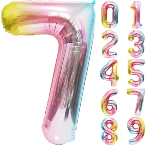 Image of Rainbow Number Balloons Birthday Balloons - Giant Number 7 Balloon 40 inch, Numbers Balloon Birthday Decorations, Rainbow Party Supplies for Baby Shower