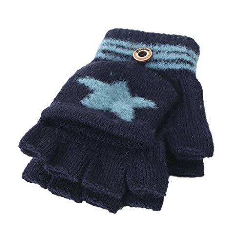 GorNorriss Kid Winter Gloves Children Warm Gloves Baby Boy Knitted Mittens, Star Printed Convertible Flip Top Gloves Navy