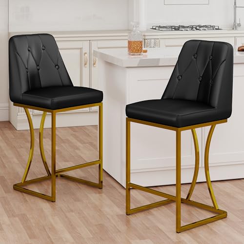 Image of LSSBOUGHT Counter Height Bar Stools Set of 2 24'' Upholstered Padded Barstools with Back Glam Kitchen Island Chairs with Golden Metal Iron Frame (Black-Button-Gold Leg, 2PCS)