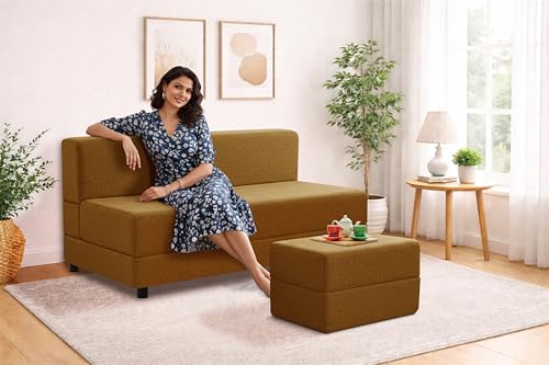 Image of 5X6-Feet Leg Sofa Cum Bed with Ottoman | Jute Fabric 3 Seater Convertible Sofa Bed | Modern Space Saving Furniture for Living Room | Golden
