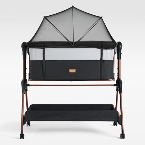 LullaBee Cuna Colecho & Cuna para Bebé – 6 Niveles de Altura, Función de Balanceo, Ruedas, Colchón Acolchado, Laterales de Malla Mosquitera con Bolsa de Transporte (0–6 Meses) – Negro/Marrón