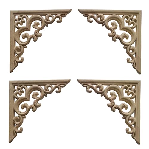 Jrudjsnhhty 4 Uds, Molduras de Madera Sin Pintar, CalcomaníAs, Apliques de Madera Europeos para Muebles, Armarios, Flores, Tallado en Madera, 10Cm