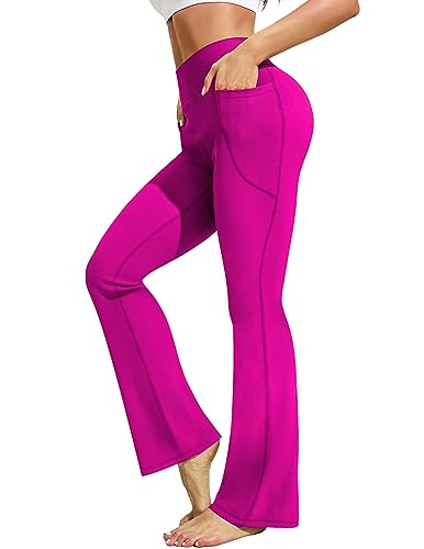 PINSPARK Ribbed Bootcut Yoga Pants for Women High Waisted Flare Leg Pants with Pockets Full Length Flared Gym Pants Trumpet Trousers Rose Red S