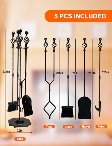 VODA Fireplace Tool Set 33\" 5-Piece Cast Iron Fire Place Set Tools Indoor Fireside Accessories Large Fire Place Tool Set Outdoor Fire Pit Holder Fire Kit with Poker Shovel Tongs Brush, Stand