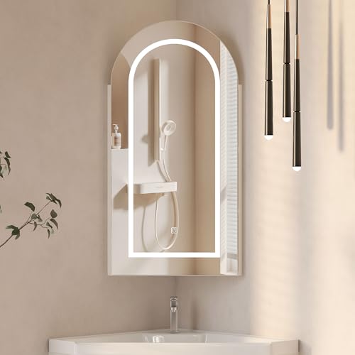 Mepplzian 16x31 Inch White Lighted Corner Medicine Cabinet with Mirror,Corner