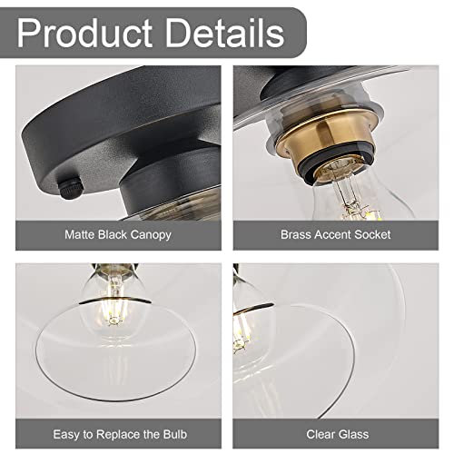 Semi Flush Mount Ceiling Light, Clear Glass Shade, Brass Accent Socket, Modern Ceiling Light Fixture With Black Finish For Kitchen, Hallway, Entryway, Dining Room, Bedroom, Cafe, Bar, Living Room #TOP3