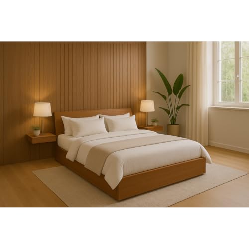 Image of MATTERHORN Engineered Wood Bed in Teak Brown - King Size (L2079 x W1875 x H300 mm) | Platform Bed | Modern Wooden Bed for Bedroom, Durable & Stylish Design (Almond Beige)