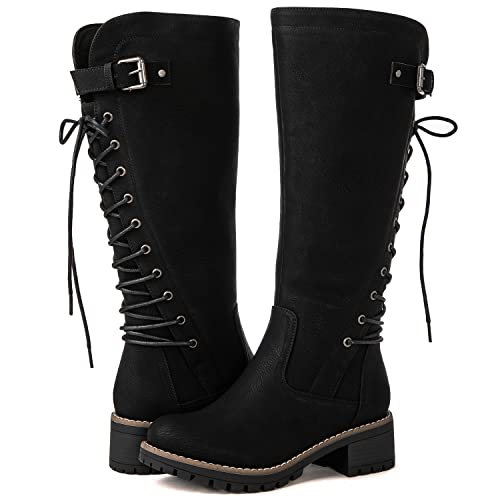 GLOBALWIN Women's Black Knee-High Low Heel Riding Boots 8M