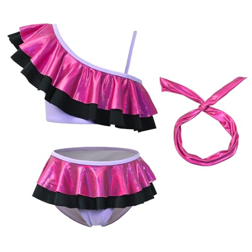 CHILDRENSTAR Girls Bikinis Set Metallic 2 Pieces Swimsuit Cute Ruffles Solid Color Block Bathing Suits with Hairbands