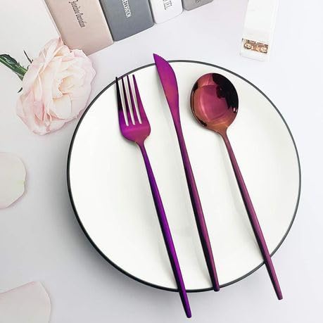 Image of Sterling Set | Satin Finish French Style Stainless Steel Flatware Set with Giftable Box | Dishwasher Safe Tableware for Home, Restaurant & Corporate Gifting (Raspberry Purple, 24 Pieces)