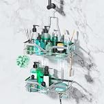 SWTYMIKI Hanging Shower Caddy Organiser - 2-Tier Stainless Steel Shower Shelf Hanging, No Drilling Installation, Bathroom Shelf Organiser with Razor & Soap Holder for Bath Balls, Brushes, Shampoo
