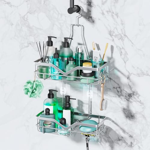 SWTYMIKI Hanging Shower Caddy Organiser - 2-Tier Stainless Steel Shower Shelf Hanging, No Drilling Installation, Batnroom Shelf Organiser with Razor & Soap Holder for Bath Balls, Brushes, Shampoo