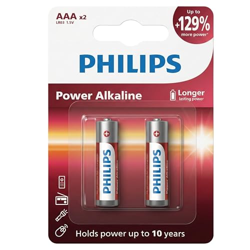 Image of Philips LR03P2B /94 AAA Power Alkaline Battery (Pack of 2) | 1.5V Long Lasting Power | Leak Resistant | 10-Year Shelf Life | Ideal for Remote, Clock, Toy, Mouse & Other Household Devices