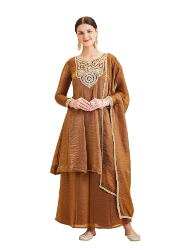 Image of MOKOSH Women's Silk Embroidered Anarkali Kurta and Sharara with Dupatta Set | Ethnic Set | Suit Set | Kurta Set