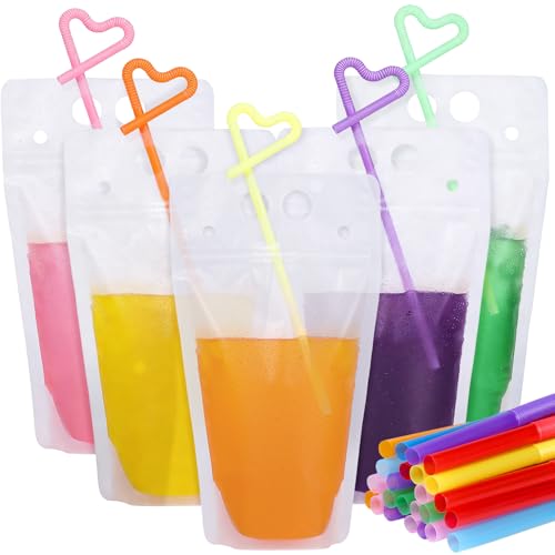 Teenitor 25Pcs Drink Pouches with Straws Juice Pouches Drink Pouches for Drinks for Adults Frozen Plastic Drink Pouches Bags for Smoothies Juices Reusable 16oz Clear