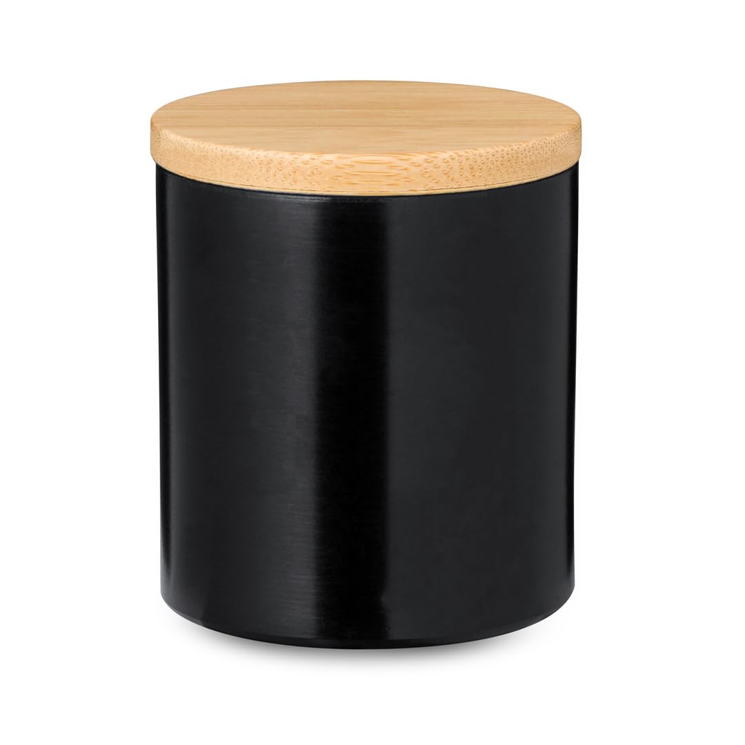 Vela aromática en tarro de metal con tapadera fabricada en bambú con perfume vainilla (Negro)