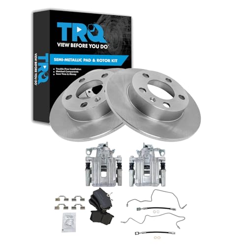 Image of TRQ Rear Brake Pad and Rotor Set Semi Metallic Rotors Calipers Compatible with 1999 Volkswagen Jetta