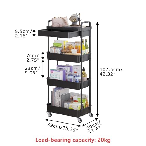 Image of Calmootey 4-Tier Utility Cart with Drawer & Wheels, Storage for Home,Office | Space-Saving Organizer, Sturdy Plastic Shelves, Smooth-Rolling Metal Wheels, Built-in Drawer for Small Items, Black