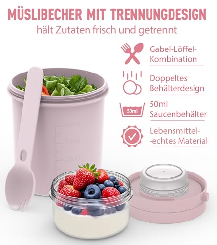 Foto von MRUN BONE Müslibecher To Go mit Gabel-Löffel, Auslaufsichere Joghurtbecher To Go, Müslibecher für Unterwegs, Arbeit, Schule, Picknick, 450ml+250ml, (Puderrosa)
