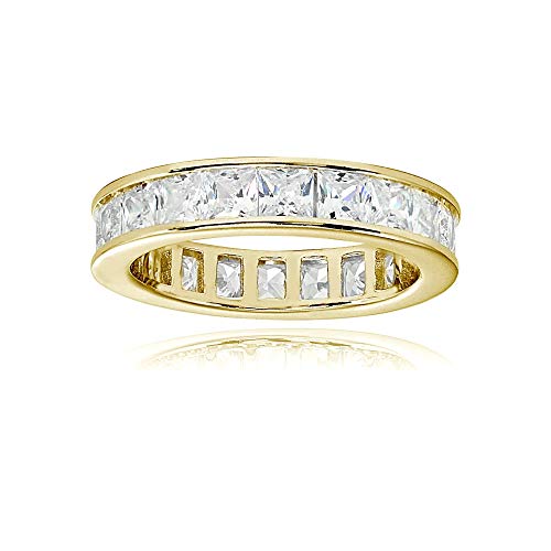 Yellow Gold Flashed Sterling Silver Cubic Zirconia Princess-Cut 3mm Channel Set Polished Eternity Band Ring, Size 5